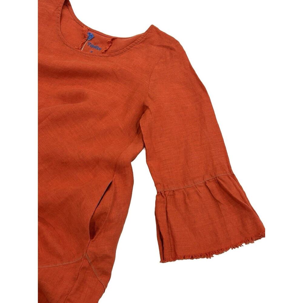 Yuvita Lagenlook Linen Dress Womens Size S Red Frayed Asymmetric 3/4 Bell Sleeve - Picture 3 of 6
